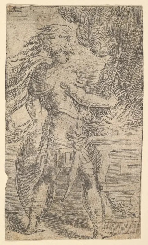 Mutius Scaevola placing his hand in the flames (left half of a composition, the right half of which shows a woman extending her right arm towards an altar)