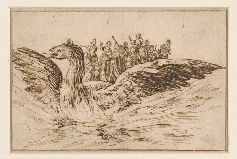 Muzikanten op de rug van een grote vogel Wall Art by anonymous - High-Resolution Digital Print