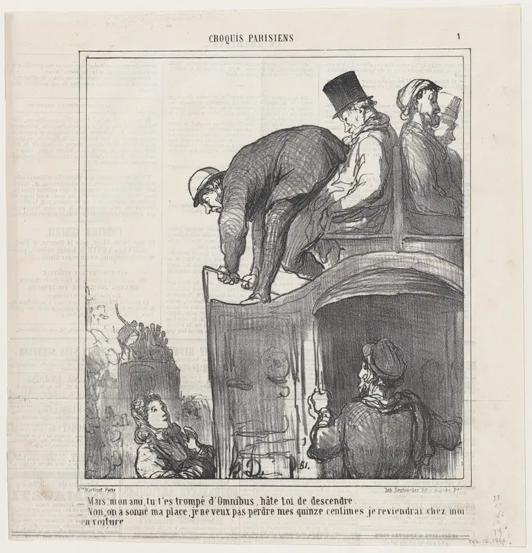 My friend, you have taken the wrong bus, get out quickly!, from 'Parisian sketches,' published in Le Charivari, February 12, 1866 Wall Art by Honoré Daumier - High-Resolution Digital Print