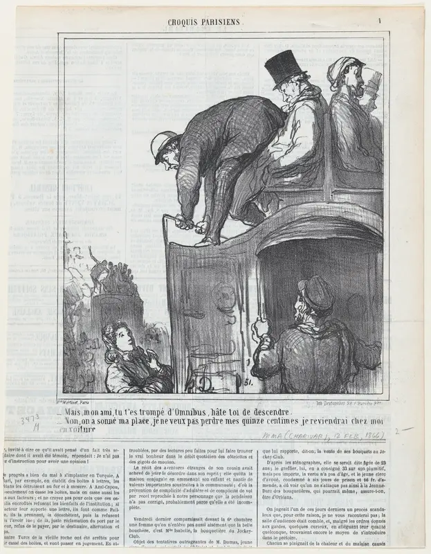 My friend, you have taken the wrong bus, get out quickly!, from 'Parisian sketches,' published in Le Charivari, January 31, 1866 Wall Art by Honoré Daumier - High-Resolution Digital Print