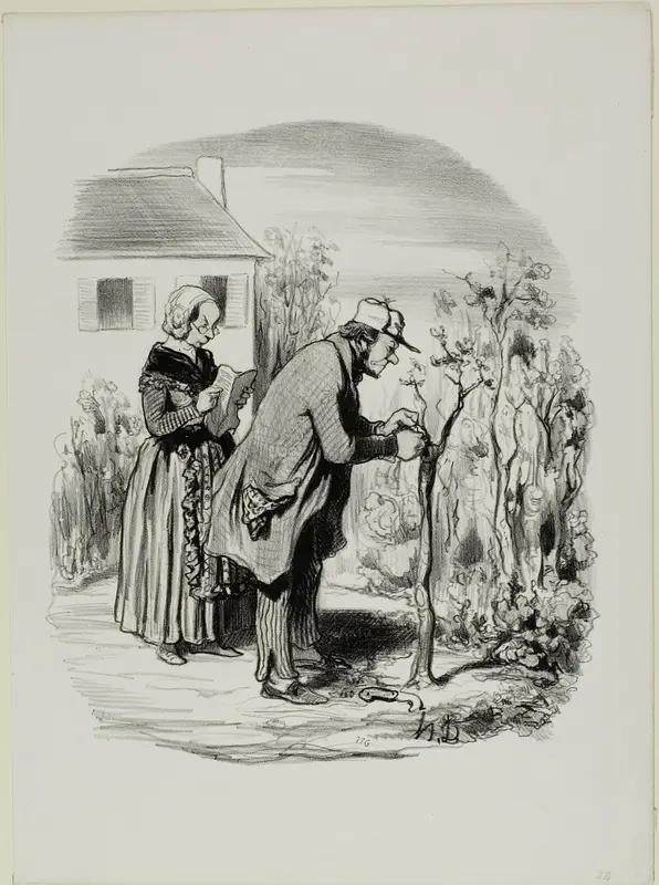 “- My graft of a cherry slip on an apricot tree really didn't take.... strange, ... after all, I followed exactly the instructions in the 'Manual of Useful Knowledge,'” plate 7 from Pastorales