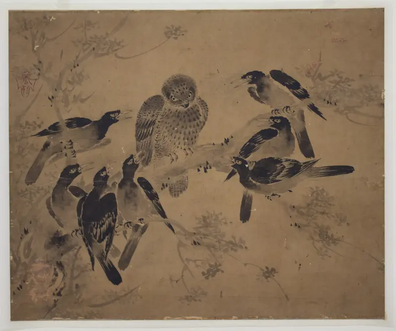 Mynah Birds Attacking an Owl Wall Art by Sesson Shūkei - High-Resolution Digital Print