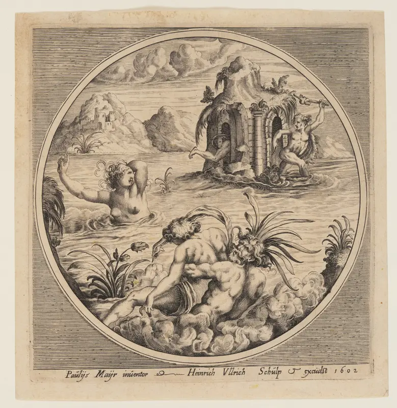Mythological marine suject in a roundel Wall Art by Heinrich Ulrich - High-Resolution Digital Print
