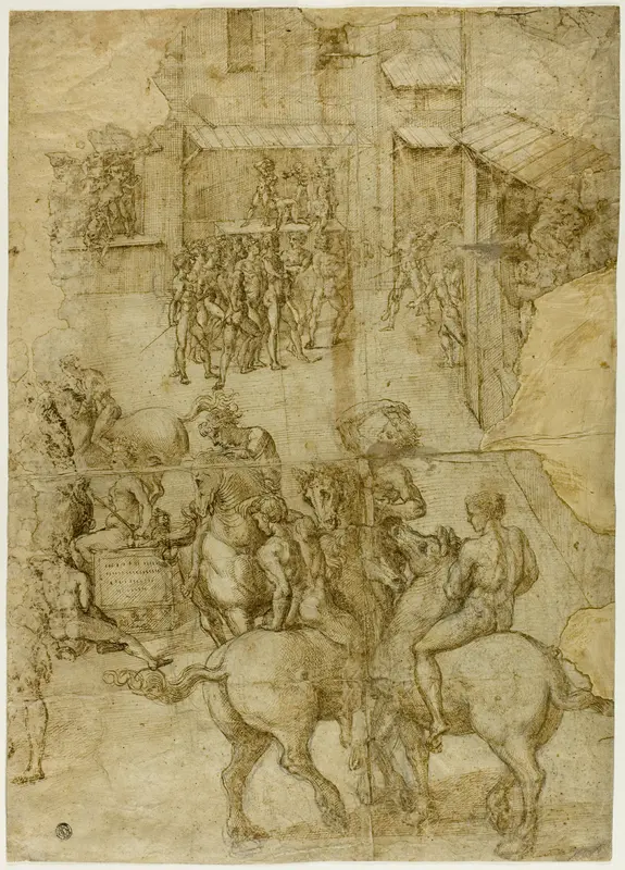 Mythological Pageant (recto); Illegible Inscriptions and Anatomical Studies of Head (verso)