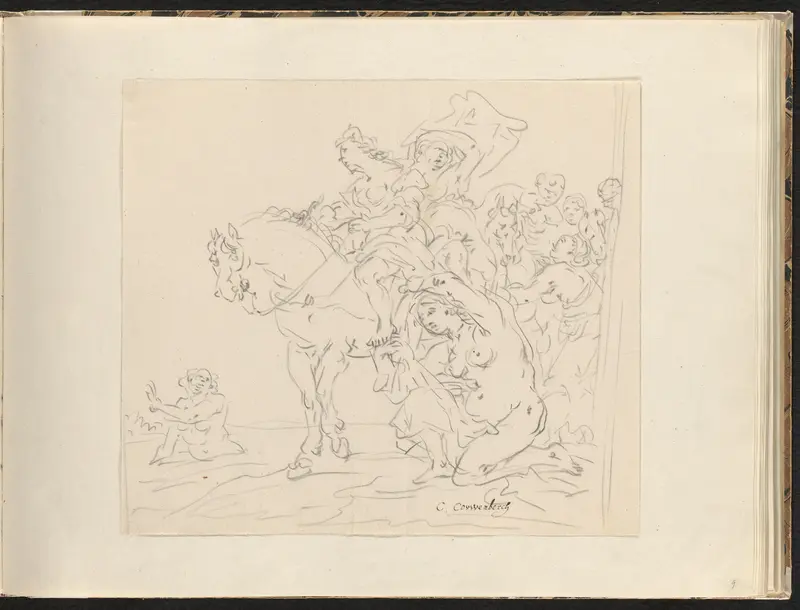 Mythologische voorstelling met vrouwen te voet en te paard aan het water Wall Art by Unknown - High-Resolution Digital Print