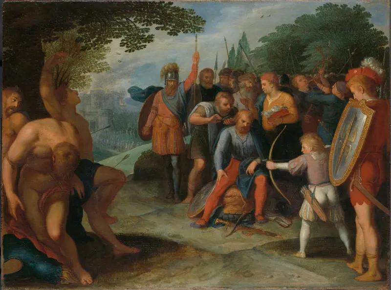 Na de val van Vetera laat Julius Civilis zijn haar knippen, terwijl zijn zoontje enige gevangenen doodt Wall Art by Otto van Veen - High-Resolution Digital Print