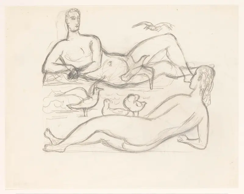 Naakte man en vrouw aan de kustlijn, omringd door zeemeeuwen Wall Art by Leo Gestel - High-Resolution Digital Print