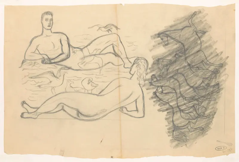 Naakte man en vrouw aan het strand, omringd door zeemeeuwen Wall Art by Leo Gestel - High-Resolution Digital Print