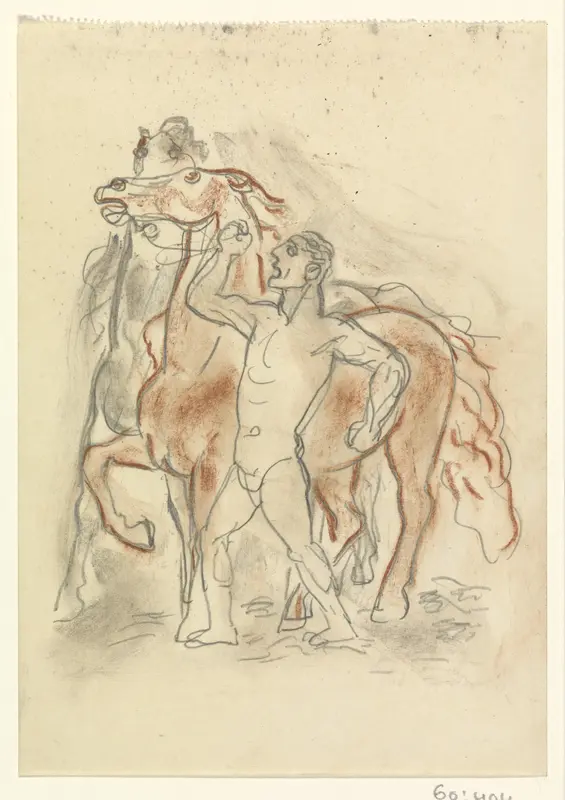 Naakte man houdt twee paarden in bedwang Wall Art by Leo Gestel - High-Resolution Digital Print