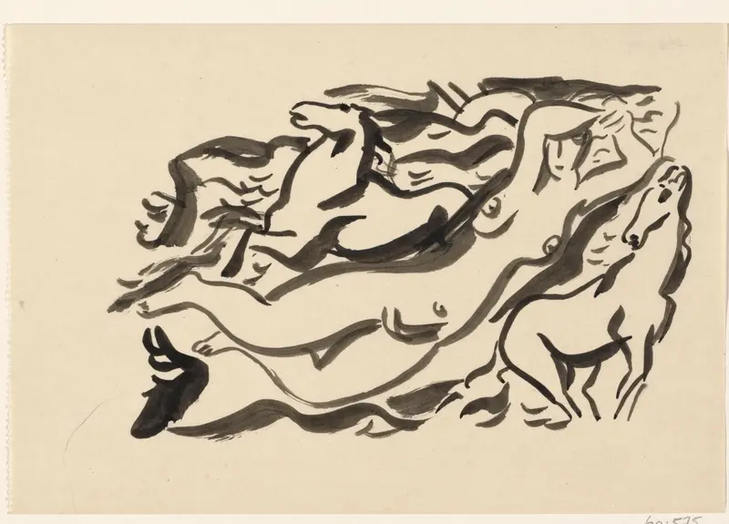 Naakte vrouw en twee paarden in de zee Wall Art by Leo Gestel - High-Resolution Digital Print