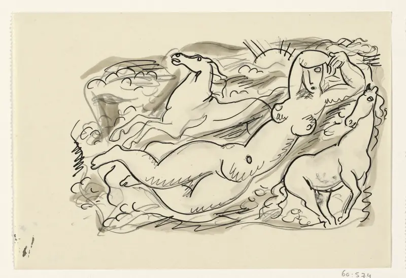 Naakte vrouw en twee paarden in zee Wall Art by Leo Gestel - High-Resolution Digital Print