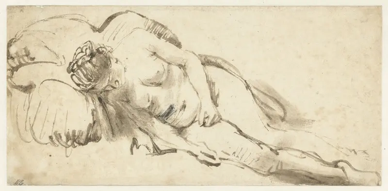 Naakte vrouw liggend tegen een kussen Wall Art by Rembrandt van Rijn - High-Resolution Digital Print