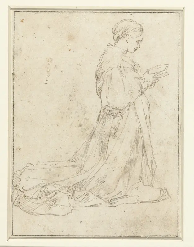 Naar rechts knielende vrouw met een boek in de handen Wall Art by anonymous - High-Resolution Digital Print