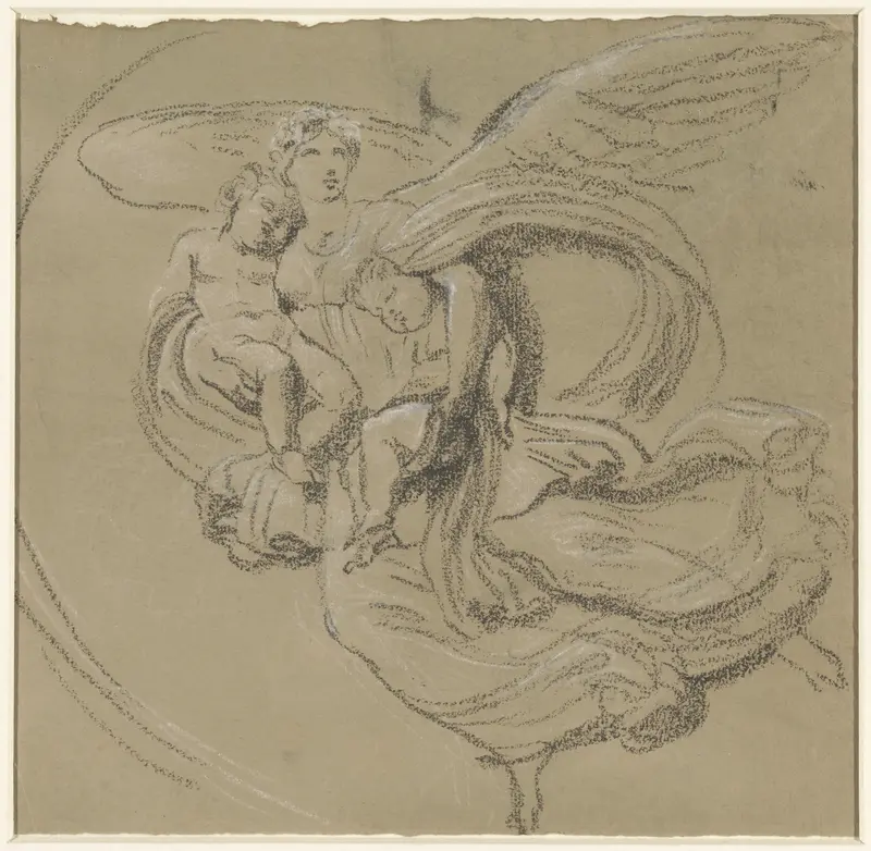 Nacht: gevleugelde vrouwenfiguur, die met op iedere arm een kind naar links zweeft Wall Art by Bertel Thorvaldsen - High-Resolution Digital Print