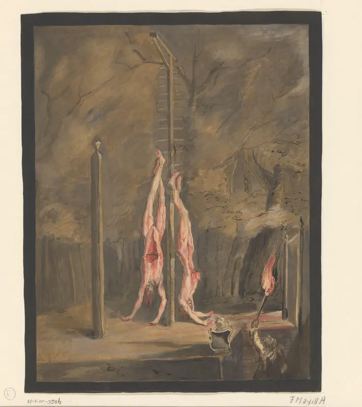 Nachtscène met de verminkte lichamen van de gebroeders De Witt aan de galg Wall Art by anonymous - High-Resolution Digital Print
