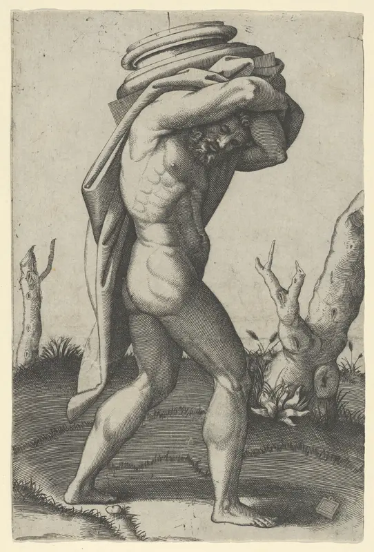 Naked man walking to the right carrying a column base