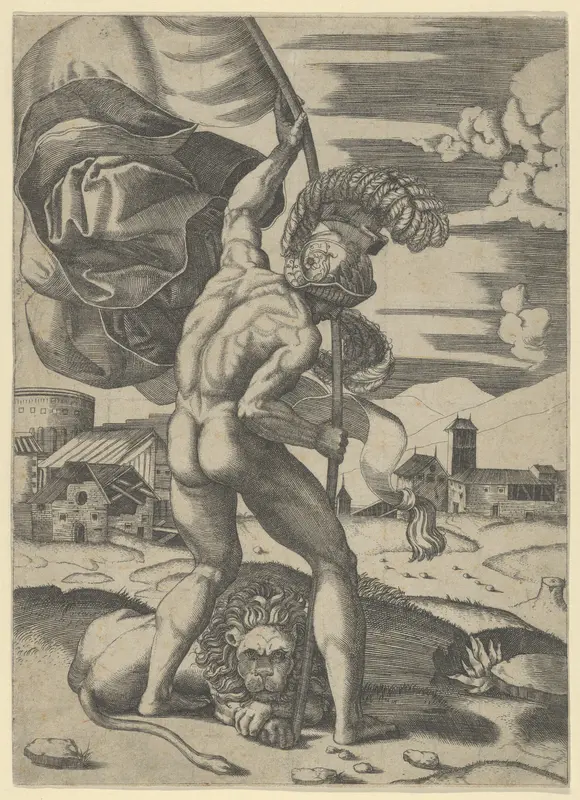 Naked man wearing an elaborate helmet viewed from behind holding a banner, a lion seated on the ground
