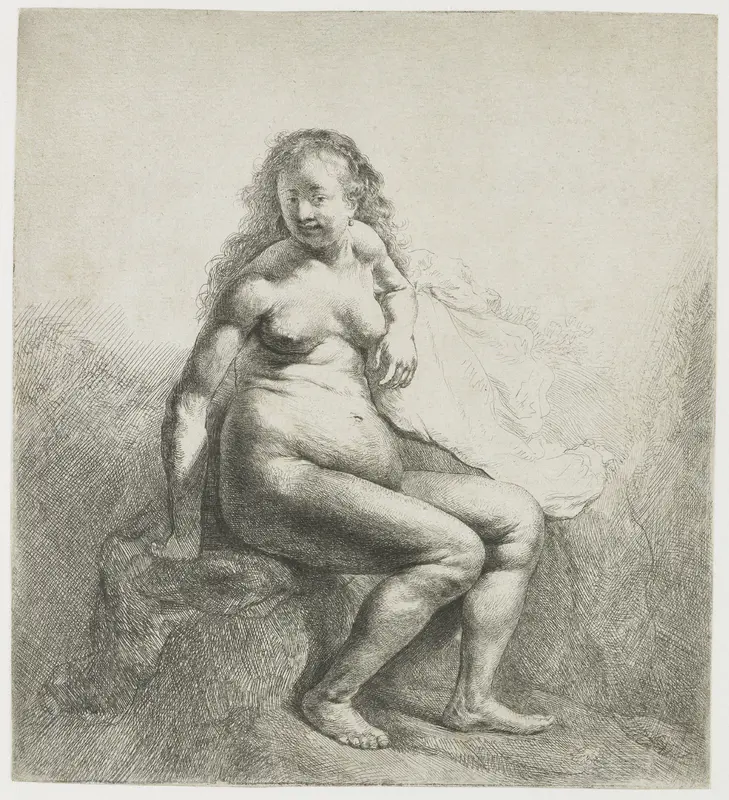 Naked woman on a mound Wall Art by Rembrandt van Rijn - High-Resolution Digital Print