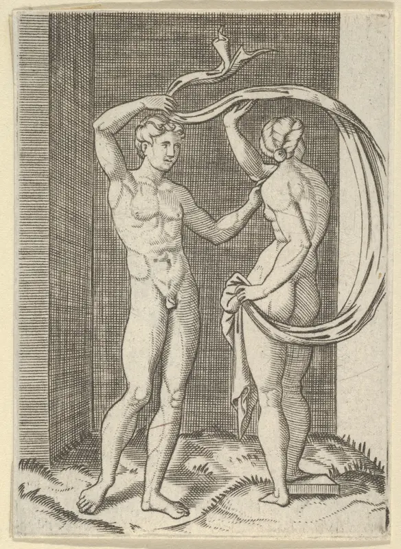 Naked woman viewed from behind holding fabric which billows behind her, looking at naked man standing before her Wall Art by Anonymous - High-Resolution Digital Print
