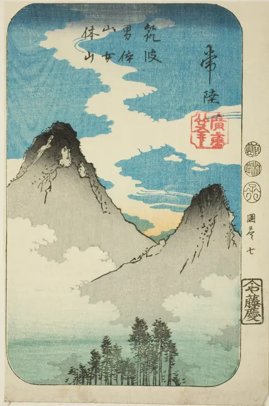 Nantai and Nyotai Peaks of Mount Tsukuba in Hitachi Province (Hitachi, Tsukuba Nantaisan Nyotaisan), section of sheet no. 7 from the series "Cutout Pictures of the Provinces (Kunizukushi harimaze zue)"