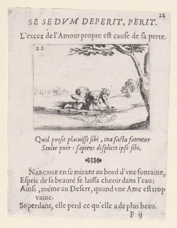 Narcisse se Mirant dans l'Eau (Narcissus Looking at Himself in the Water), plate 22 from "Lux Claustri ou La Lumière du Cloitre" (The Light of the Cloisters) Wall Art by Jacques Callot - High-Resolution Digital Print