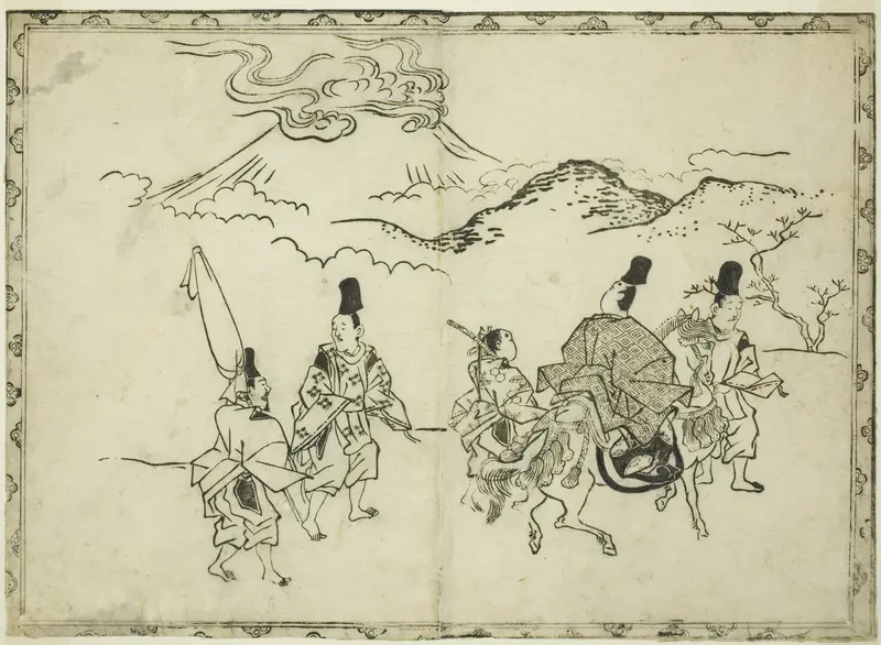 Narihira's Eastern Journey, from the illustrated book "Panorama of Paintings on Screens and Hanging Scrolls (Byobu kakemono ekagami)" Wall Art by Hishikawa Moronobu - High-Resolution Digital Print