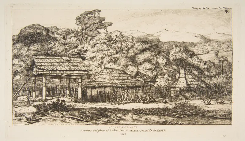 Native Barns and Huts at Akaroa, Banks Peninsula, 1845, from "The Voyage to New Zealand (1842–46)" Wall Art by Charles Meryon - High-Resolution Digital Print