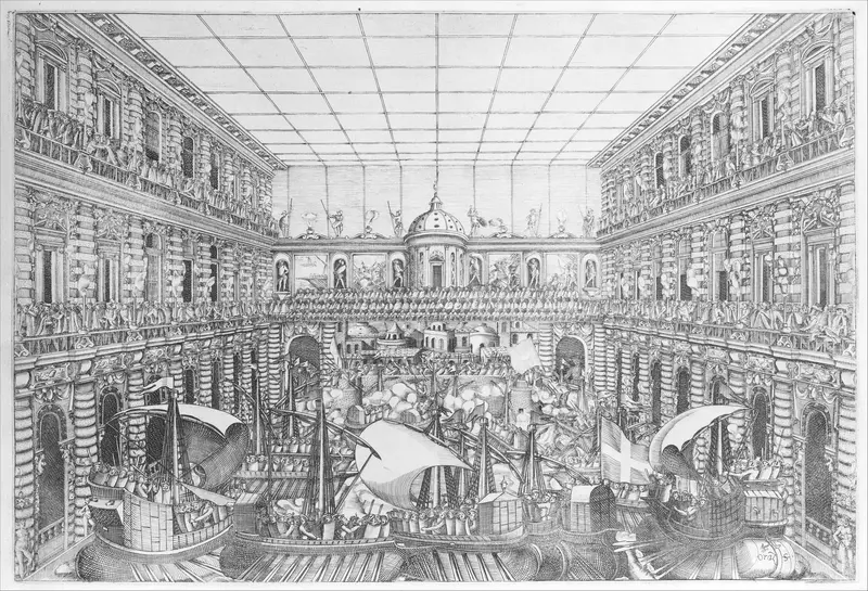 Naumachia in the Court of Palazzo Pitti, from an Album with Plates documenting the Festivities of the 1589 Wedding of Arch Duke Ferdinand I de’ Medici and Christine of Lorraine Wall Art by Orazio Scarabelli - High-Resolution Digital Print