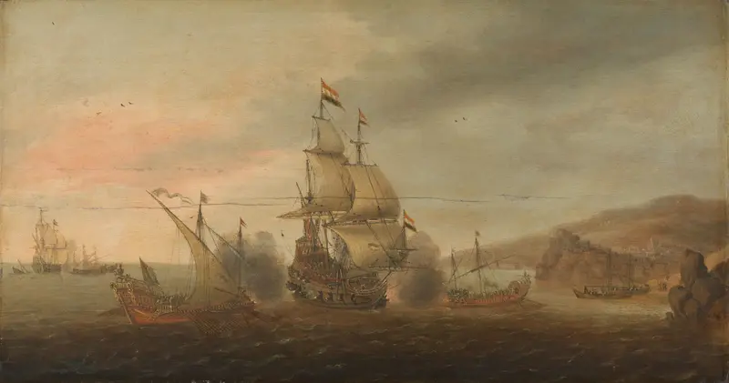 Naval Battle between Dutch Men-of-War and Spanish Galleys Wall Art by Unknown - High-Resolution Digital Print