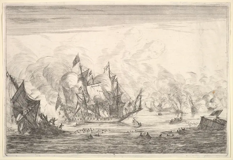 Naval Battle with an English Ship Foundering on the Left, from Naval Battles (Nieuwe Scheeps Batalien), plate 5 Wall Art by Reinier Nooms, called Zeeman - High-Resolution Digital Print