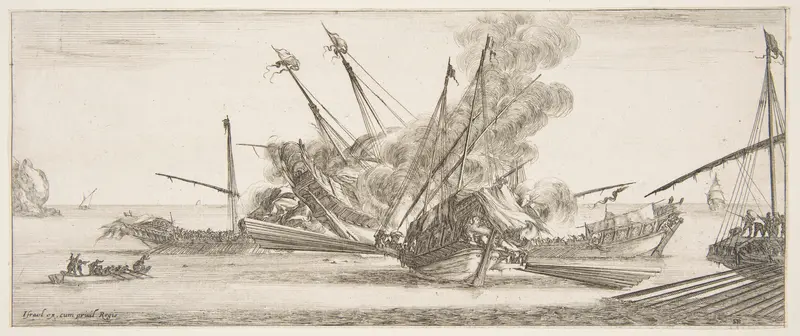 Naval combat, a ship at center, seen from behind, firing at four enemy ships, another ship entering from the right, a rowboat with nine people to left, from "Peace and War" (Divers desseins tant pour la paix que pour la guerre) Wall Art by Stefano della Bella - High-Resolution Digital Print