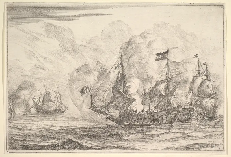 Naval Encounter with Three Vessels on the Right, from Naval Battles (Nieuwe Scheeps Batalien), plate 7 Wall Art by Reinier Nooms, called Zeeman - High-Resolution Digital Print