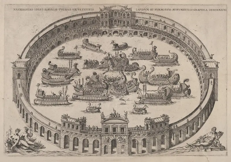 Naval engagement set inside a Roman arena, with the river Tiber and nymphs at lower left and right Wall Art by Etienne DuPérac - High-Resolution Digital Print