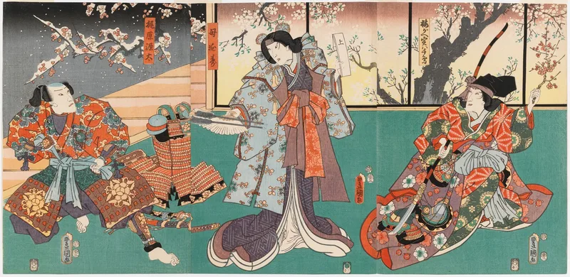 Näyttelijä Nakamura Tomijuro II, Onoe Baiko ja Ichikawa Danjuro VIII näytelmässä Umeyanagi sakigake soshi (Kertomus varhain kukkivista luumupuista ja pajuista) Wall Art by Utagawa Kunisada - High-Resolution Digital Print