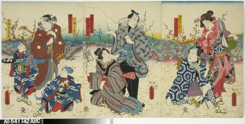 Näyttelijät Ichikawa Danjuro VIII ja muita näytelmässä Mimasu no Date-zome (Upea näyttelijän viitta) Wall Art by Utagawa Kunisada - High-Resolution Digital Print