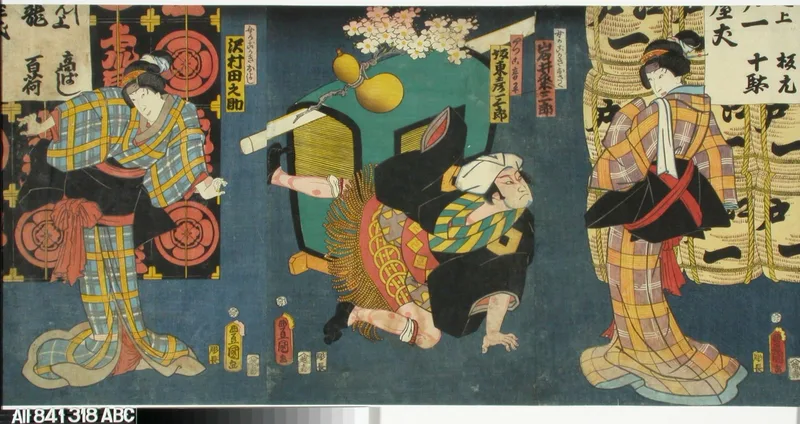 Näyttelijät Iwai Kumesaburo, Bando Hikosaburo IV ja Sawamura Tanosuke tunnistamattomassa näytelmässä Wall Art by Utagawa Kunisada - High-Resolution Digital Print