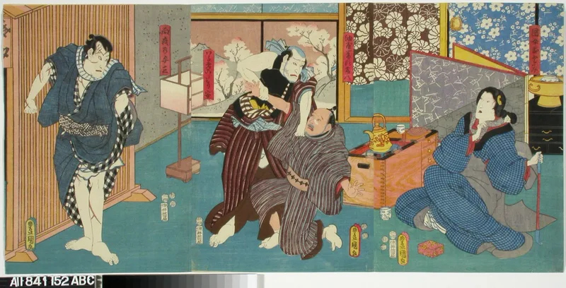 Näyttelijät Onoe Baiko, Ichikawa Ichizo, Ichikawa Kodanji IV ja Ichikawa Danjuro VIII näytelmässä Genyadana (Heikkoluonteisen Yosaburon tarina) Wall Art by Utagawa Kunisada - High-Resolution Digital Print