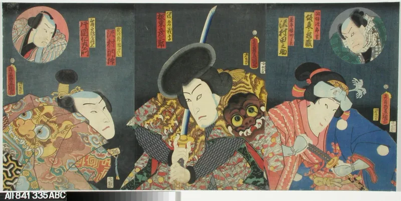 Näyttelijät Sawamura Tanosuke, Bando Hikosaburo IV ja Sawamura Tossho näytelmässä Sano keizu Soga no goshozome (Soga-suvun silkkiviitta) Wall Art by Utagawa Kunisada - High-Resolution Digital Print