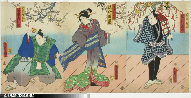 Näyttelijät Sawamura Tossho, Sawamura Tanosuke ja Bando Hikosaburo IV näytelmässä Sano keizu Soga no goshozome (Soga-suvun silkkiviitta) Wall Art by Utagawa Kunisada - High-Resolution Digital Print