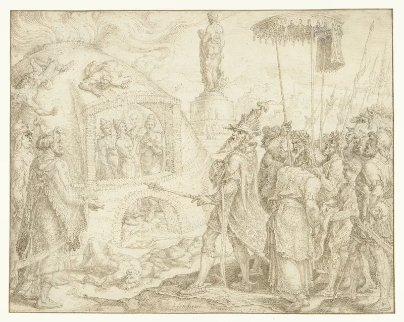 Nebukadnezar in verwondering over de aanwezigheid van vier jongelingen in de vurige oven Wall Art by Maarten van Heemskerck - High-Resolution Digital Print