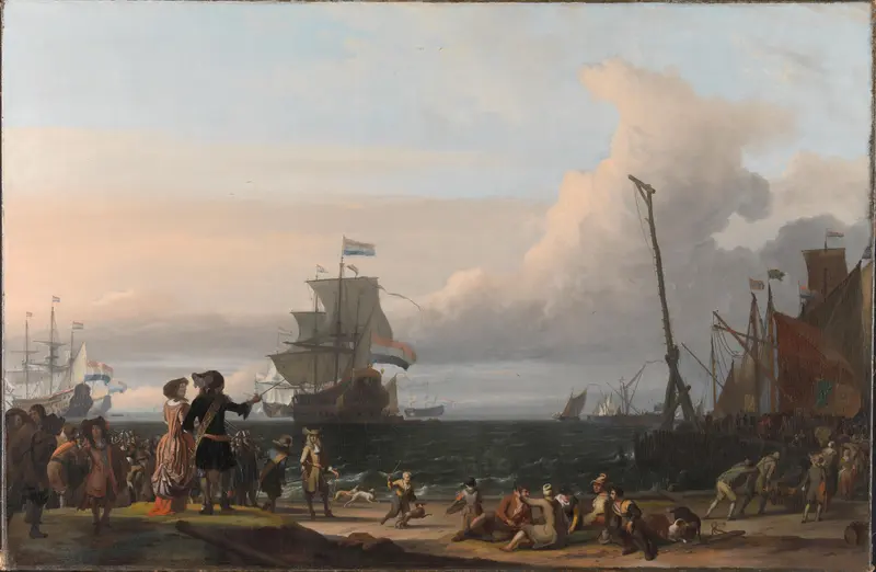 Nederlandse schepen op de rede van Texel; in het midden de 'Gouden Leeuw', het vlaggenschip van Cornelis Tromp Wall Art by Ludolf Bakhuysen - High-Resolution Digital Print