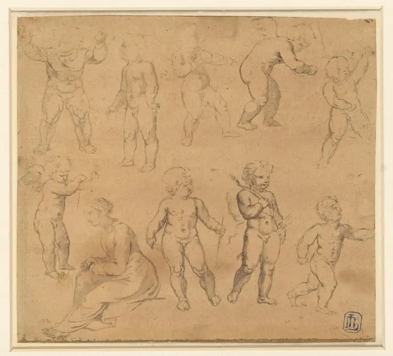 Negen studies van putti en een naar links zittende vrouw Wall Art by anonymous - High-Resolution Digital Print