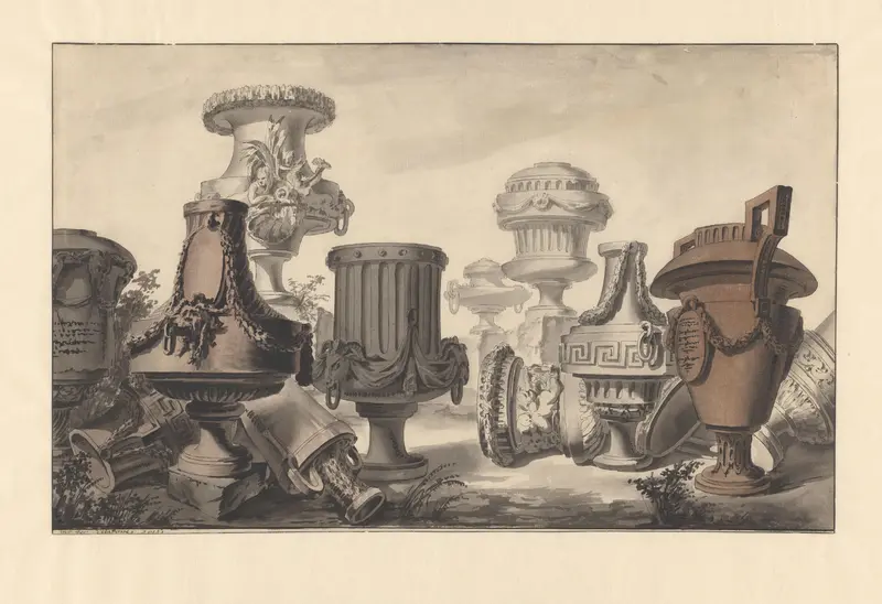 Neo-classicistische vazen in een landschap Wall Art by Jean Charles Delafosse - High-Resolution Digital Print