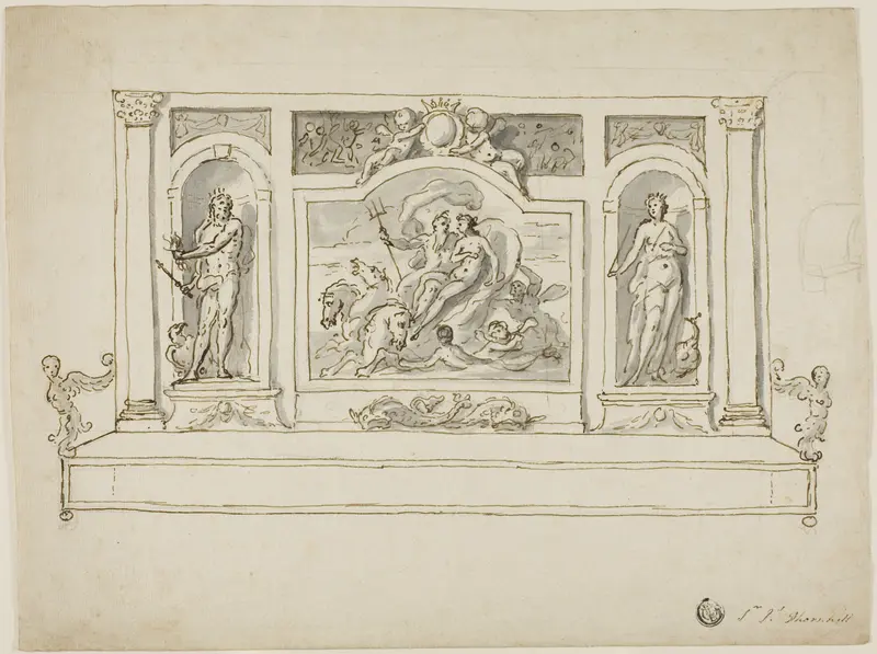 Neptune and Amphitrite Flanked by Jupiter and Juno: Design for Painted Hall or Garden Bench Wall Art by James Thornhill - High-Resolution Digital Print