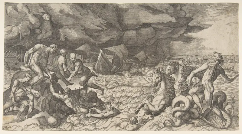 Neptune calming the Tempest Aeolus raised against the Fleet of Aeneas Wall Art by Giulio Bonasone - High-Resolution Digital Print