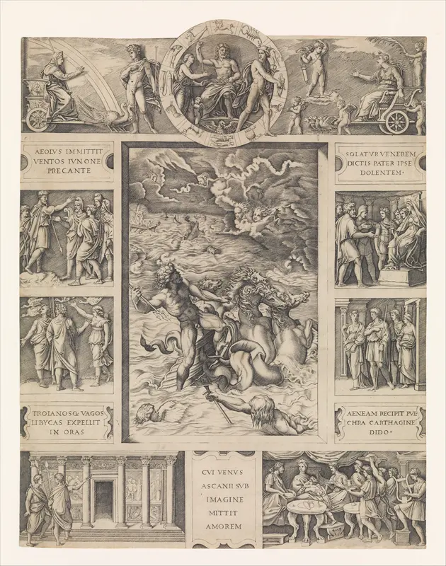 Neptune calming the tempest which Aeolus raised against Aeneas' fleet, from Book I of the Aeneid