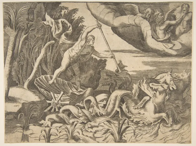 Neptune in his Chariot being drawn by seahorses, from the 'Division of the Universe' Wall Art by Giulio Bonasone - High-Resolution Digital Print