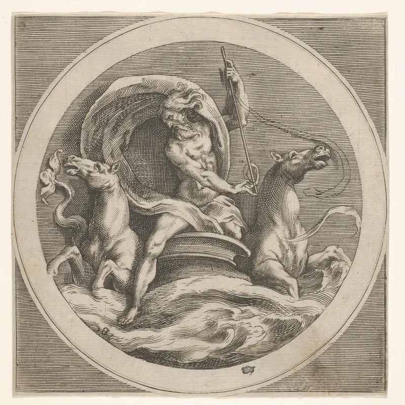 Neptune rising from the sea and bearing a staff, accompanied by two horse-headed sea creatures, reverse copy after a series of engravings by Cherubino Alberti of mythological scenes after Polidoro da Caravaggio Wall Art by Anonymous - High-Resolution Digital Print
