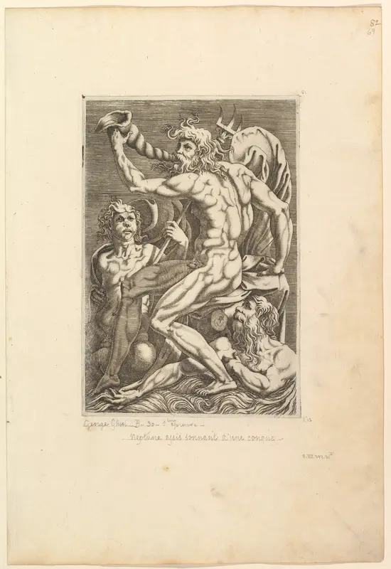 Neptune Seated Blowing a Conch Shell Wall Art by Anonymous, 16th century - High-Resolution Digital Print