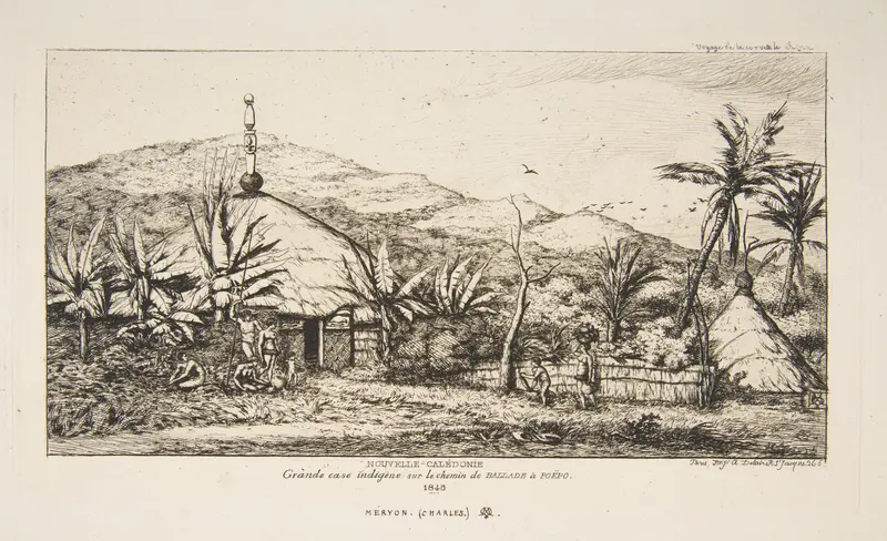 New Caledonia: Large native hut on the road from Balade to Puebo, 1845, from "The Voyage to New Zealand (1842–46)" Wall Art by Charles Meryon - High-Resolution Digital Print